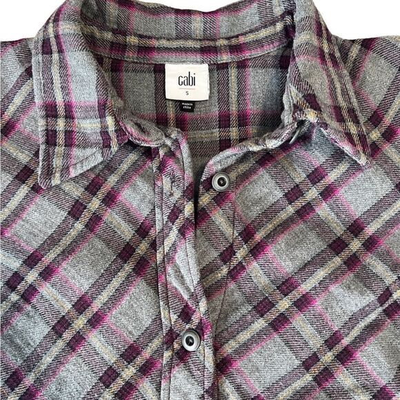 CAbi Highland Flannel Plaid Gray and Purple Button Up Frayed Hem Shirt Size S - Picture 5 of 13